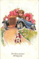 T2 Szívélyes üdvözlet Névnapjára / Name Day Greeting Card, Children In Automobile, Litho - Ohne Zuordnung