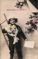 * T3 'Boldog új évet!' / New Year, Child Dressed As Chimney Sweeper, Flowers (fa) - Ohne Zuordnung
