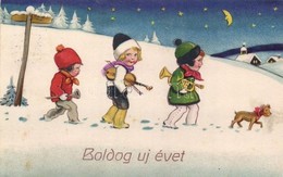 T3/T4 'Boldog új évet' / New Year, Children With Instruments, Amag No. 2229, Litho (kis Szakadás / Small Tear) - Ohne Zuordnung