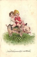 * T3 'Zum Jahreswechsel Viel Glück!' / New Year, Children Riding Pig On A Field Of Clovers, Litho (EB) - Ohne Zuordnung