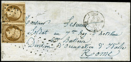 Lettre N°9 10c Bistre, Paire S/lettre Obl Gros Points Adressé à Rome (corps Expéditionnaire D'Italie) Signé JF Brun Et E - 1852 Louis-Napoleon