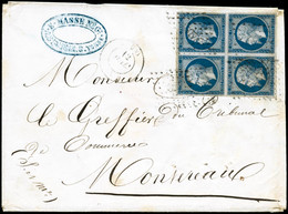 Lettre N°14A 20c Bleu, Type I, Bloc De 4 S/lettre Cachet D'arrivée Au Verso Montereau 13/7/57 - TB - 1853-1860 Napoleone III