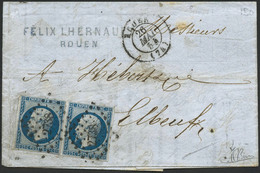 Lettre N°15 25c Bleu Paire S/lettre Obl PC 2738 De Rouen Pour Elbeuf, Cachet D'arrivée Au Verso 27/5/54 - B - 1853-1860 Napoleone III