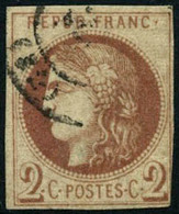Oblit. N°40Af 2c Chocolat Clair, R1 Impression Fine De Tours, Pelurage Au Verso, Signé Calves - B - 1870 Emissione Di Bordeaux
