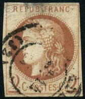 Oblit. N°40Af 2c Chocolat Clair, R1 Impression Fine De Tours, Pelurage Au Verso - B - 1870 Ausgabe Bordeaux