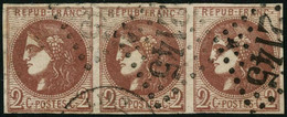 Oblit. N°40B 2c Brun-rouge R2, Bande De 3 - TB - 1870 Uitgave Van Bordeaux