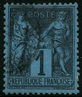Oblit. N°84 1c Noir S/bleu De Prusse, Infime Froissure Insignifiante - B - 1876-1878 Sage (Tipo I)