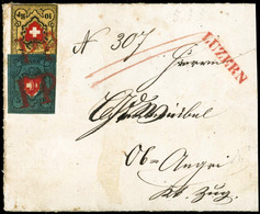 Lettre N°14/15 Rare Combinaison 5r Bleu Foncé, Noir Et Rouge Et 10r Jaune, Noir Et Rouge S/lettre Obl Pp En Rouge Et Gri - Altri & Non Classificati