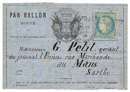 116 20c SIEGE(n°37) Obl. ETOILE + PARIS 16 Nov 70 Sur Lettre PAR BALLON MONTE Formule "AUX DRAPEAUX" Pour LE MANS (26 No - Oorlog 1870