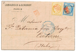 135 1874 CERES 15c + 25c Obl. P.D Rouge + PARIS ETRANGER Bleu Sur Lettre De PARIS Pour L' ITALIE. TTB. - 1871-1875 Cérès