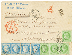 136 1874 CERES 5c(x4) + 25c(x4) Obl. GC 822 + T.16 CETTE Sur Enveloppe Pour NEW-YORK (USA). Superbe. - 1871-1875 Ceres