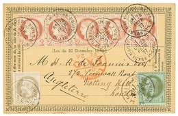 148 1877 1c Lauré(n°25) + 4c Lauré (n°27) + 2c CERES Bande De 5 Obl. GARE DE TOURS Sur CARTE PRECURSEUR Pour L' ANGLETER - 1871-1875 Ceres