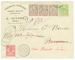 156 1903 NLLE CALEDONIE 5c + 15c(x3) Obl. AFFRANCHISSts NOUMEA + A.R + FRANCE 10c MOUCHON Annulé PLUME Sur Env. RECOM. P - 1900-02 Mouchon