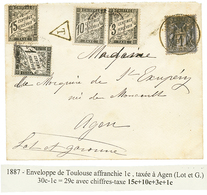 162 1887 1c SAGE Obl. TOULOUSE Sur Env. Pour AGEN Taxée Avec TAXE C+ 3c(n°12)+ 10c(n°15)+ 15c(n°16). Lettre NON AFFRANCH - Andere & Zonder Classificatie