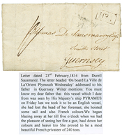 199 "Navire VILLE DE LORIENT Capturé Par Le Navire Anglais H.M.S PYRAMUS" : 1814 Lettre Avec Texte Daté "On Board LA VIL - Correo Marítimo