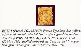 260 25c SAGE Obl. PORT-SAID PAQ FR N°1 En Rouge. RARE. Superbe. - Other & Unclassified