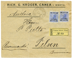 472 1904 25c(x2) Canc. I.R SPEDIZIONE POSTALE CANEA On REGISTERED Envelope To PILSEN(BOHEMIA). Vvf. - Levant Autrichien