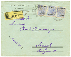 482 "JANINA" : 1907 1P Strip Of 3 Canc. JANINA On REGISTERED Envelope To BAVARIA. Vvf. - Oriente Austriaco