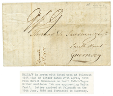 551 "MALTA F. In Green" : 1818 MALTA F. In Gren Used At FALMOUTH On Entire Letter From H.M.S TAGUS At Sea" To GUERNESEY. - Guernesey