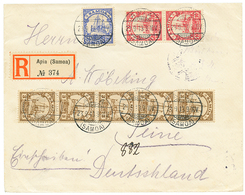 601 SAMOA : 1913 3pf Strip Of 5 + Pair 10pf + 20pf Canc. APIA On REGISTERED Envelope To GERMANY. Vvf. - Samoa