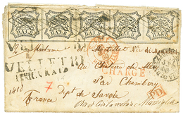 664 PAPAL STATES : 1860 8B Strip Of 5 + VELLETRI + CHARGE + ASSURATO On Entire Letter To CHAMBERY (FRANCE). RARE. Vvf. - Unclassified