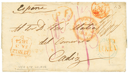746 "ST HELENA To SPAIN" : 1854 P.F Red + LIMEHOUSE Blue + Tax Marking On Entire Letter From "STE HELENE" To CADIZ (SPAI - Saint Helena Island