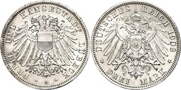 654 3 Mark, 1908, Kl. Rf., Vz-st., Katalog: J. 82 Vz-st - Luebeck