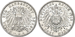 656 3 Mark, 1912, Kl. Rf., Vz., Katalog: J. 82 Vz - Luebeck