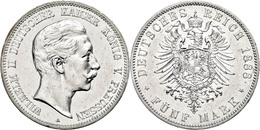 675 5 Mark, 1888, Wilhelm II., Kratzer/etwas Berieben Und Gereinigt, Kl. Rf., Avers Ss-vz, Revers Vz., Katalog: J. 101 - Autres & Non Classés
