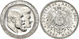 730 3 Mark, 1911, Wilhelm II., Variante Mit Hohem Querstrich, Kl. Rf., Vz., Katalog: J. 177b Vz - Other & Unclassified