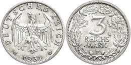 1071 3 Reichsmark, 1931, F, Wz. Rf., Vz., Katalog: J. 349 Vz - Other & Unclassified