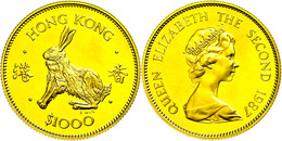 1371 Hong Kong, 1000 Dollars, Gold, 1987, Jahr Des Hasen, Fb. 5, KM 58, Mit Zertifikat In Ausgabeschatulle, Fingerabdrüc - Chine