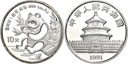 1380 10 Yuan, 1991, Panda Mit Bambuszweig, Großes Datum, KM 352, Schön 328, In Kapsel, Patina, St.  St - Chine