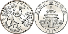 1384 10 Yuan, 1992, Panda Auf Baum, Kleine Datum, KM 352, Schön 328, In Kapsel, Patina, St.  St - Chine
