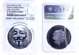 1425 5 Dollars, 2016, Guido Fawkes Mask, In Slab Der NGC Mit Der Bewertung PF70 Ultra Cameo, Early Releases. - Cook