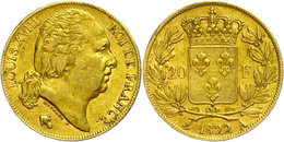 1467 20 Francs, Gold, 1822, Louis XVIII., Mzz A Paris, Fb. 538, Ss.  Ss - Autres & Non Classés