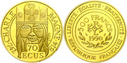1499 500 Francs (70 Ecus), Gold, 1990, Karl Der Große, Fb. 622, KM 990, In Kapsel, In Ausgabeetui Mit Zertifikat Der Mon - Autres & Non Classés