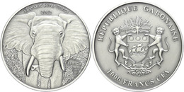 1526 1.000 Francs, 2012, Afrika - Elefant, 1 Unze Silber, Antik Finish, In Kapsel Mit Zertifikat, St. Auflage Nur 2.000  - Gabon