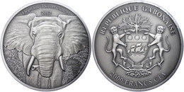 1527 2.000 Francs, 2012, Africa - Elefant, 3 Unzen Silber, Antik Finish, In Kapsel Mit Zertifikat, St. Auflage Nur 500 S - Gabon