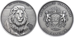 1529 1.000 Francs, 2013, Africa - Löwe, 1 Unzen Silber, Antik Finish, In Kapsel Mit Zertifikat, St. Auflage Nur 2.000 St - Gabon