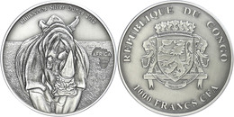 1655 1.000 Francs, 2012, Afrika - Nashorn, 1 Unze Silber, Antik Finish, In Kapsel Mit Zertifikat, St Auflage Nur 2.000 S - Congo (Rép. Démocratique, 1964-70)