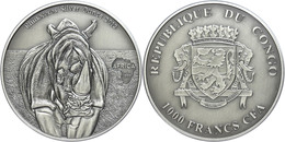 1658 1.000 Francs, 2012, Afrika - Nashorn, 1 Unze Silber, Antik Finish, In Kapsel Mit Zertifikat, St Auflage Nur 2.000 S - Congo (Rép. Démocratique, 1964-70)