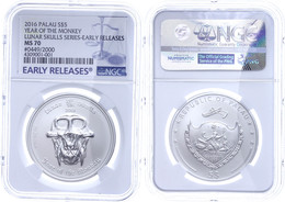 1822 5 Dollars, 2016, Lunar Skulls Series-Year Of The Monkey, In Slab Der NGC Mit Der Bewertung MS70, Early Releases. - Palau