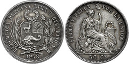 1843 50 Centavos, 1859, YB, KM 179.2, Schöne Patina, F. Vz. - Pérou