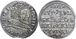 1854 Riga, 3 Groschen, 1592, Sigismund III. Wasa, Gumowski 1451, Klebestreifenrückstände, Zainende, Ss.  Ss - Autres & Non Classés