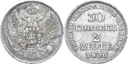 1877 30 Kopeken/2 Zloty, 1836, KG, Nikolaus I., Gumowski 2547, Klebestreifenrückstände, Randfehler, Ss.  Ss - Autres & Non Classés