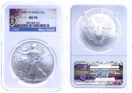 2051 1 Dollar, 2007, W, Silver Eagle, In Slab Der NGC Mit Der Bewertung MS70, Purple Heart Label. - Autres & Non Classés