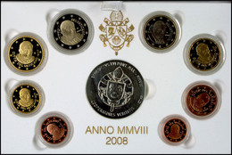 2207 1 Cent Bis 2 Euro, 2008, Euro KMS, Papst Benedikt XVI., Mit Silbermedaille, In Originalschatulle Mit Zertifikat Und - Vatican