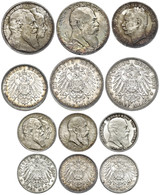 2648 BADEN, Lot Von 2, 3 Und 5 Mark Stücken. Dabei 2 Mark 1902 (J. 30, F. St.), 2 Mark 1906 (J. 34, St), 2 Mark 1907 (J. - Collections