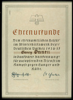 2870 Ehrenurkunde Für Einen Ehrenamtlichen Helfer Im Winterhilfswerk Des Deutschen Volkes 1936-1937, Mit Kleinem Reichss - Documents